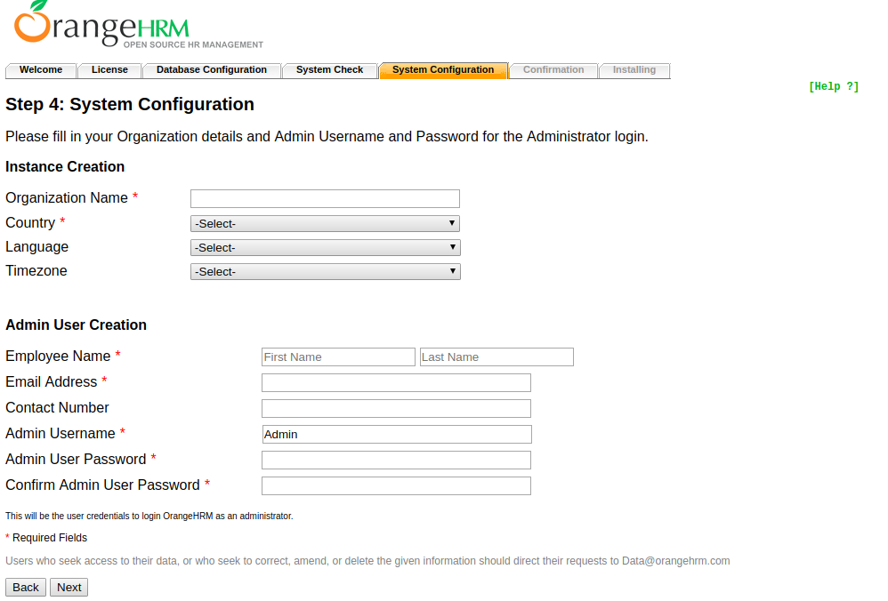 Please refer the INSTALL.HTM in OrangeHRM source for pictures